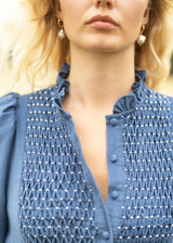 Billie Holiday Short Dress Cornflower Needlecord with Full Moon Smocking