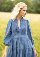 Billie Holiday Short Dress Cornflower Needlecord with Full Moon Smocking