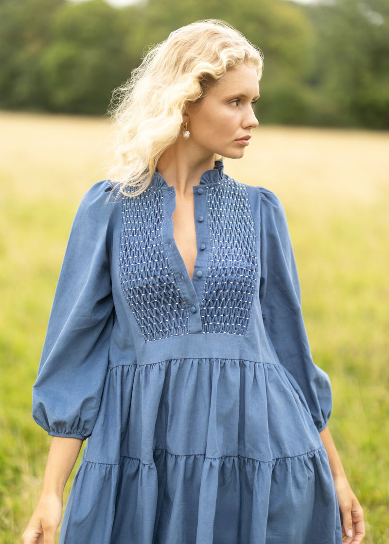 Billie Holiday Short Dress Cornflower Needlecord with Full Moon Smocking