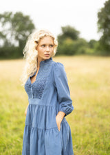 Billie Holiday Short Dress Cornflower Needlecord with Full Moon Smocking