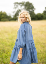 Billie Holiday Short Dress Cornflower Needlecord with Full Moon Smocking