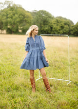 Billie Holiday Short Dress Cornflower Needlecord with Full Moon Smocking