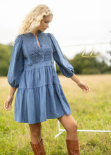 Billie Holiday Short Dress Cornflower Needlecord with Full Moon Smocking