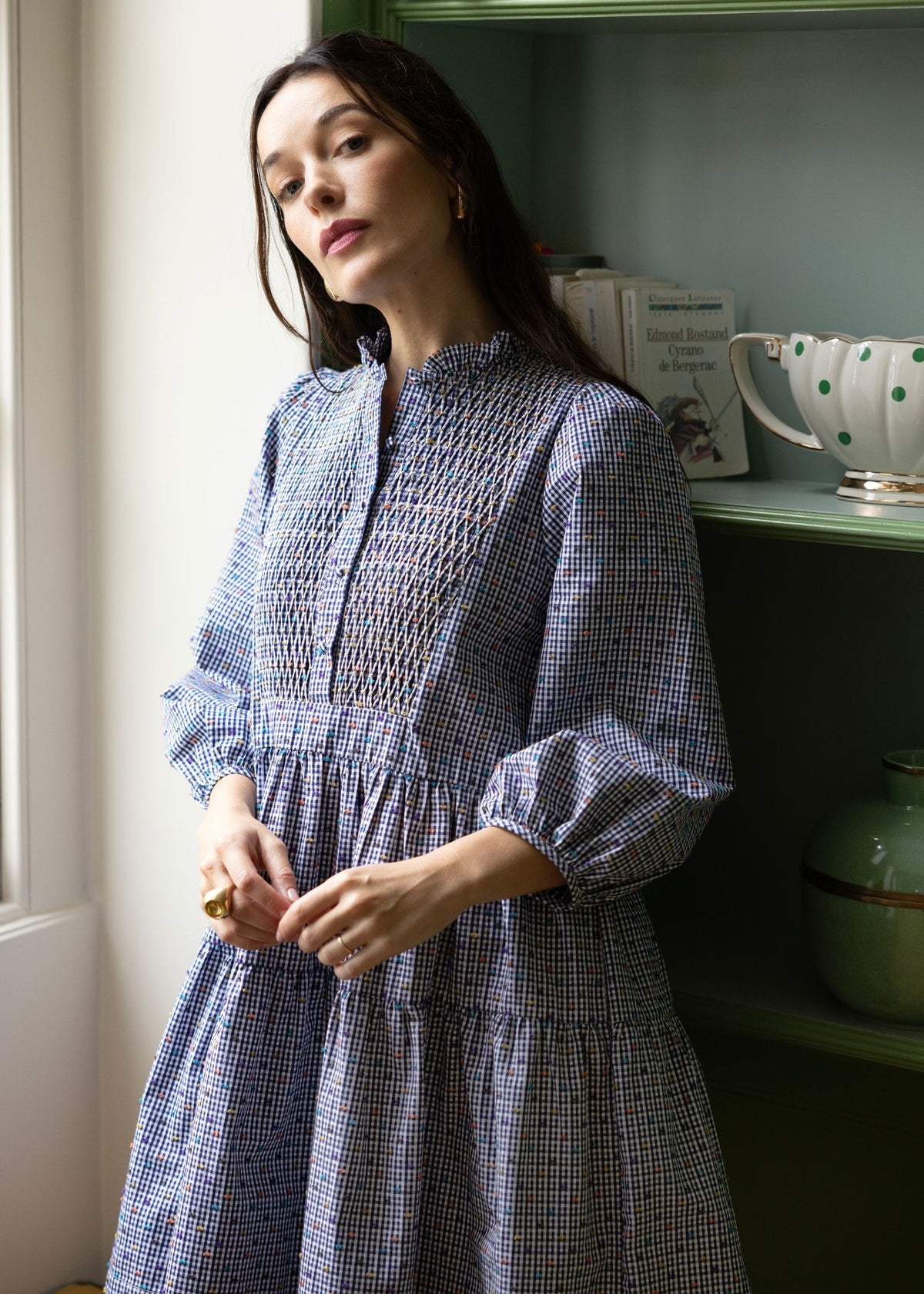 Small Billie Holiday Dress Confetti Plumetti Gingham with Smarties Honeycomb Hand Smocking