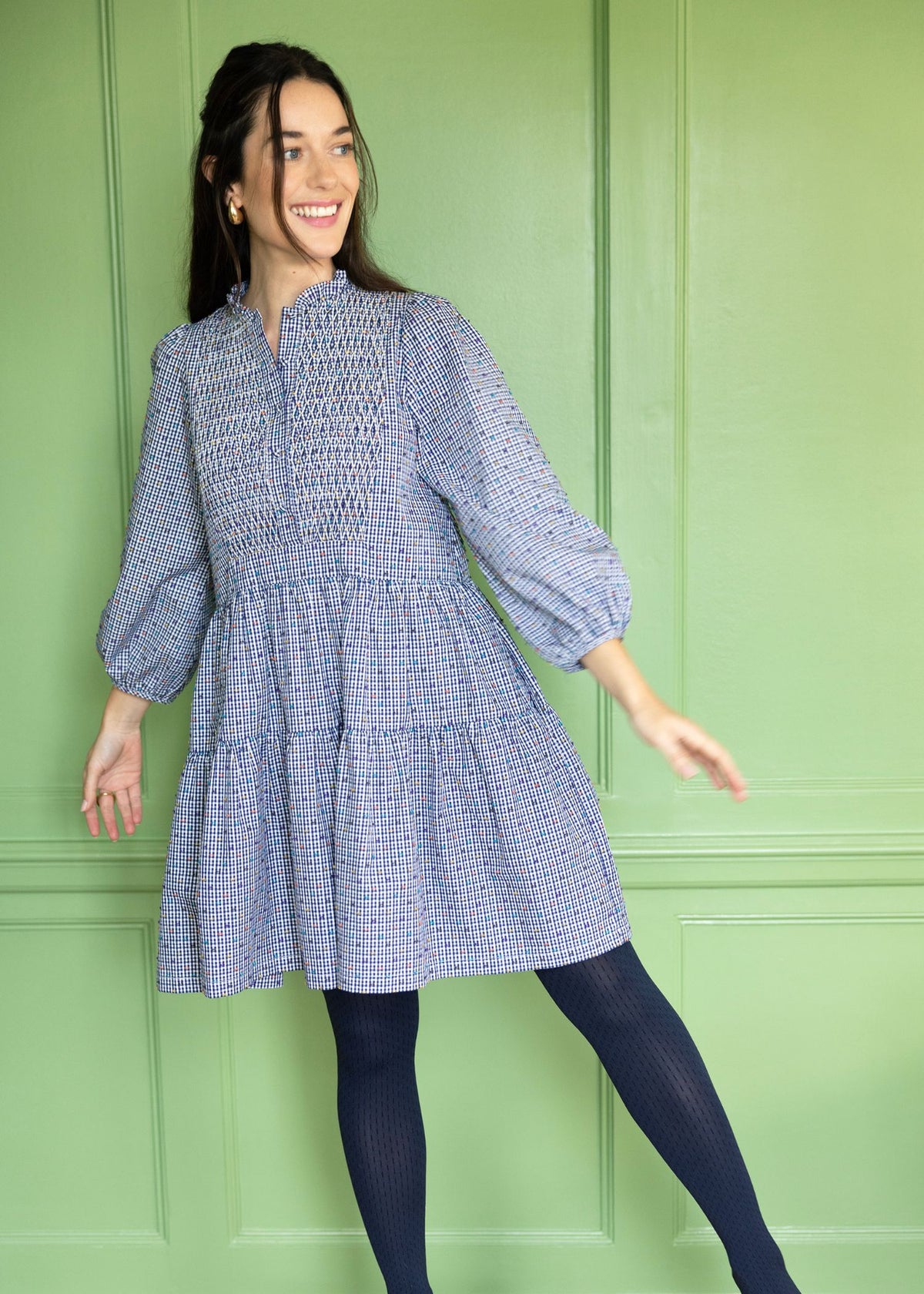 Small Billie Holiday Dress Confetti Plumetti Gingham with Smarties Honeycomb Hand Smocking
