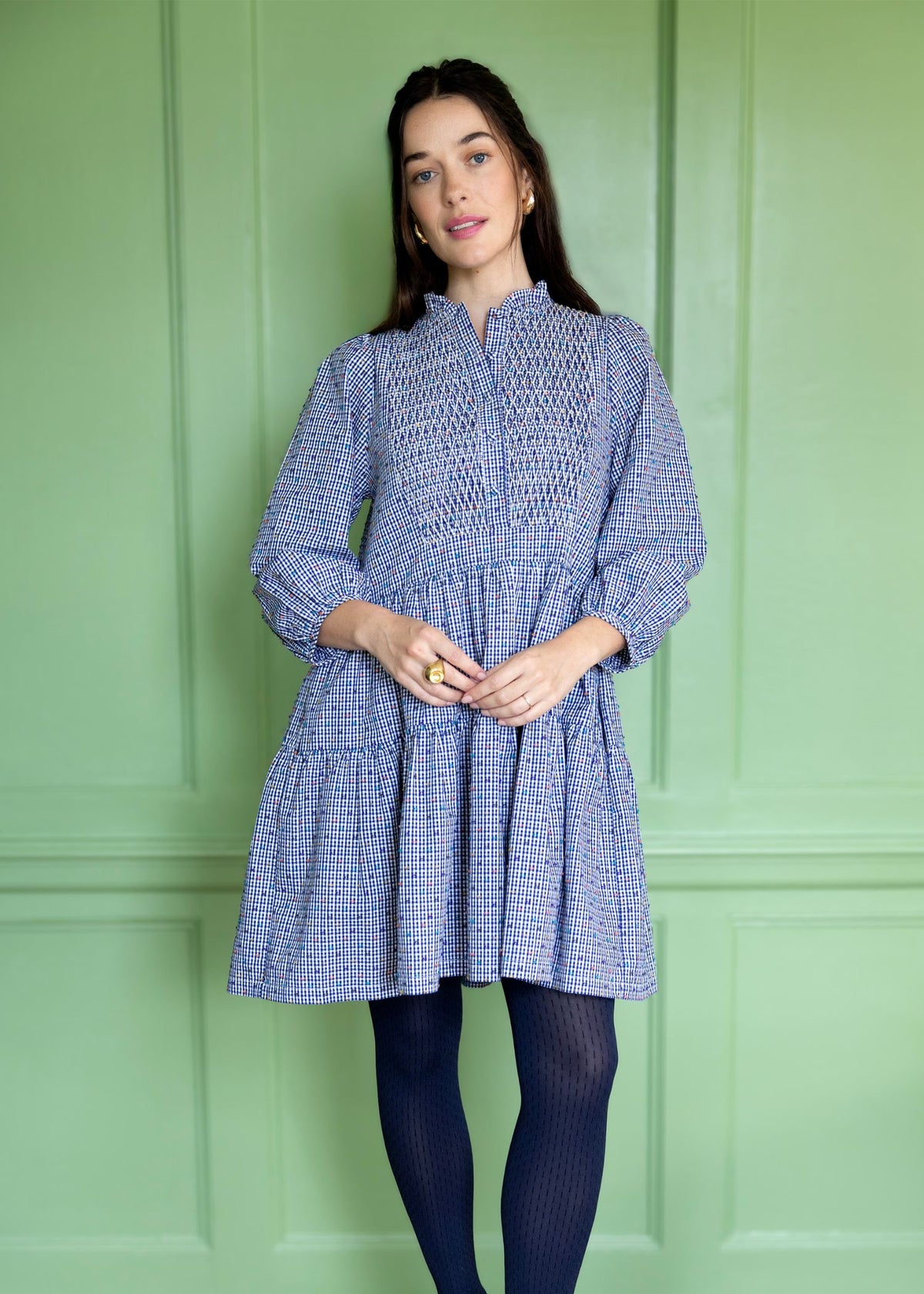 Small Billie Holiday Dress Confetti Plumetti Gingham with Smarties Honeycomb Hand Smocking