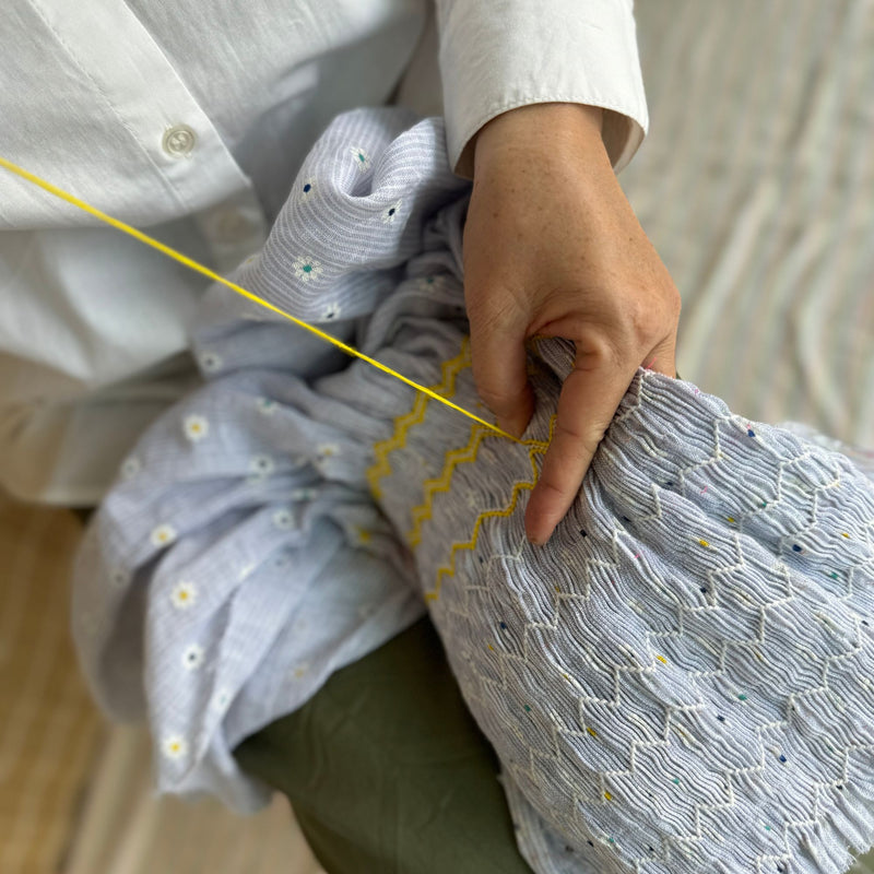 1-2y Jane Austen Romper Daisy Stripe with Lemon Sherbet Hand Smocking