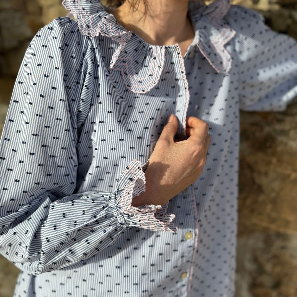 Small Bronte Blouse Indigo Plumetti with Ballet Slipper Embroidery