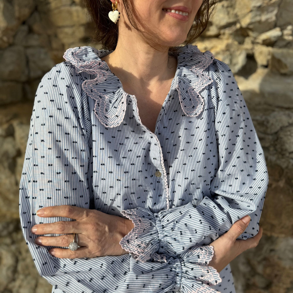 Small Bronte Blouse Indigo Plumetti with Ballet Slipper Embroidery