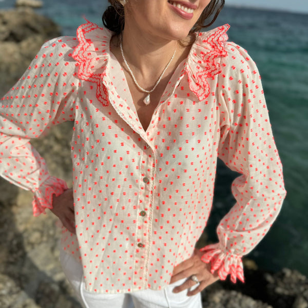 Bronte Blouse Pack a Punch Plumetti with Neon Coral Embroidery