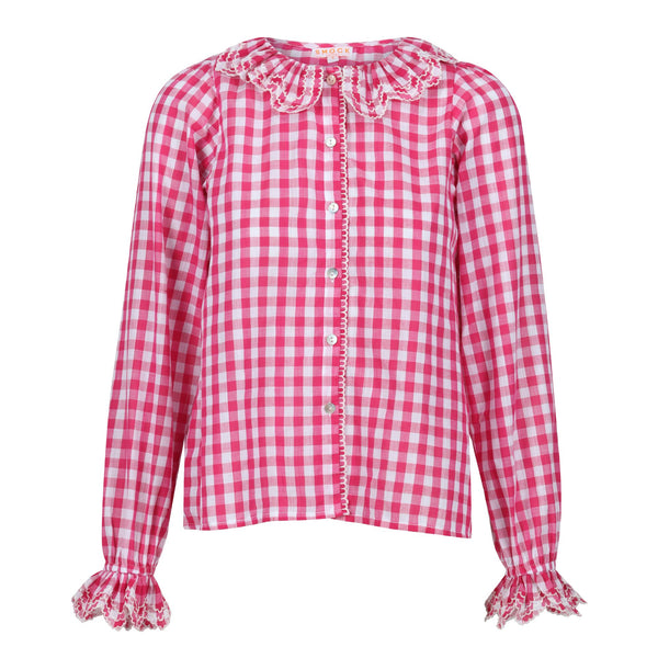 Bronte Blouse Raspberry Gingham with Cream Embroidery