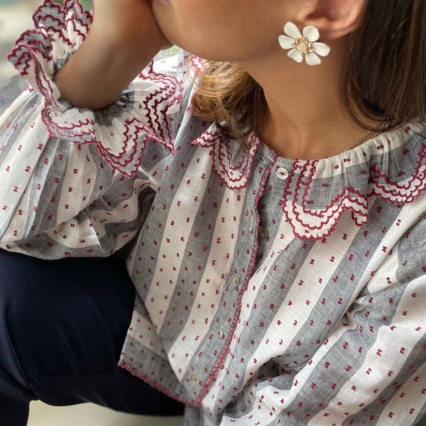 Bronte Blouse Ruby Spotted Stripe with Mulberry Embroidery