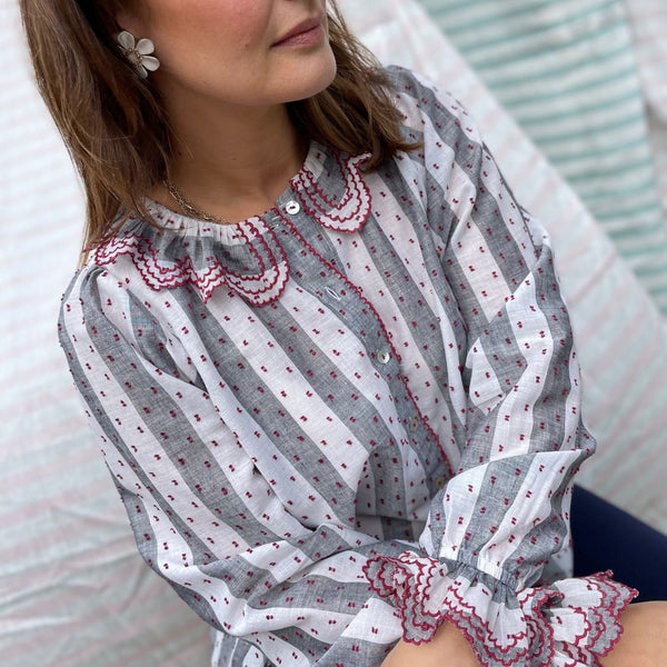 Bronte Blouse Ruby Spotted Stripe with Mulberry Embroidery