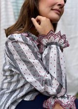 Bronte Blouse Ruby Spotted Stripe with Mulberry Embroidery