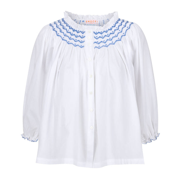Cleopatra Blouse White with Sapphire Hand Smocking  Edition 8