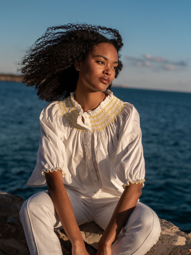 Cleopatra Blouse White with Sunshine Hand Smocking