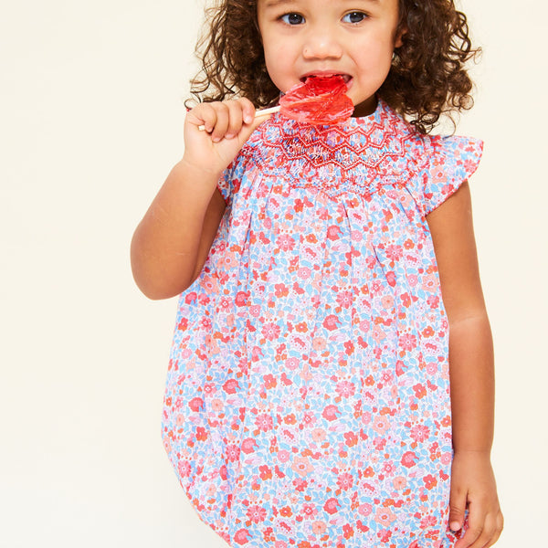 1-2y Coco Romper with Carnation Hand Smocking made with Liberty Theresa Pink