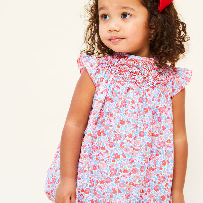 Coco Romper with Carnation Hand Smocking made with Liberty Theresa Pink