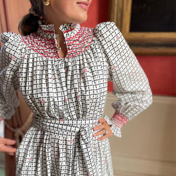 Colette Women's Dress Love from Saigon Grid with Pimiento Hand Smocking