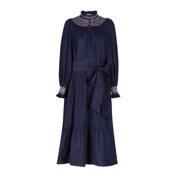 S/M Colette Women's Dress Swallowtail Needlecord with Hedgerow Hand Smocking