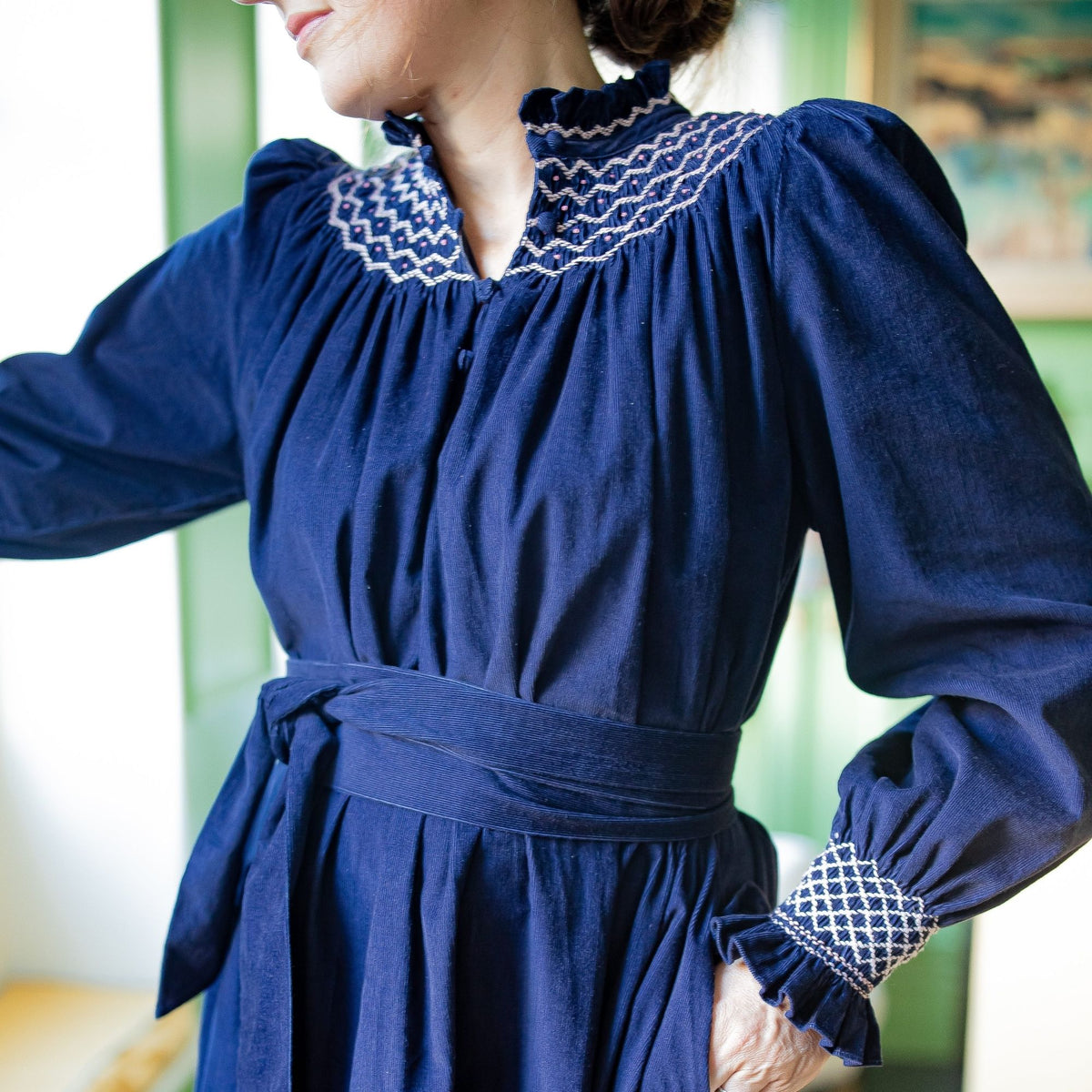 S/M Colette Women's Dress Swallowtail Needlecord with Hedgerow Hand Smocking