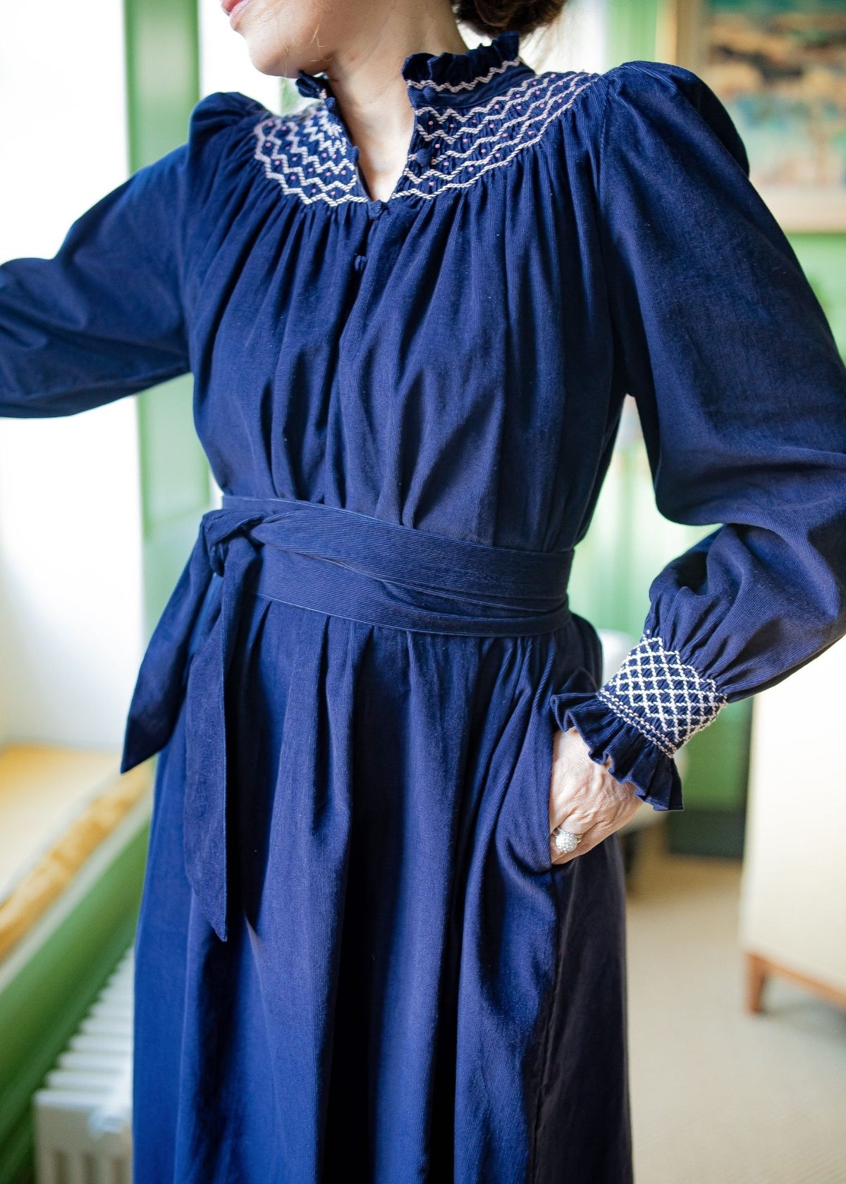 S/M Colette Women's Dress Swallowtail Needlecord with Hedgerow Hand Smocking