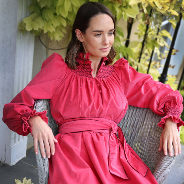 Colette Women's Dress Very Berry Needlecord with Mulberry Hand Smocking