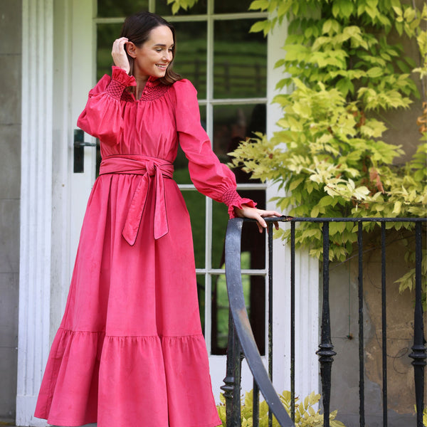 Colette Women's Dress Very Berry Needlecord with Mulberry Hand Smocking