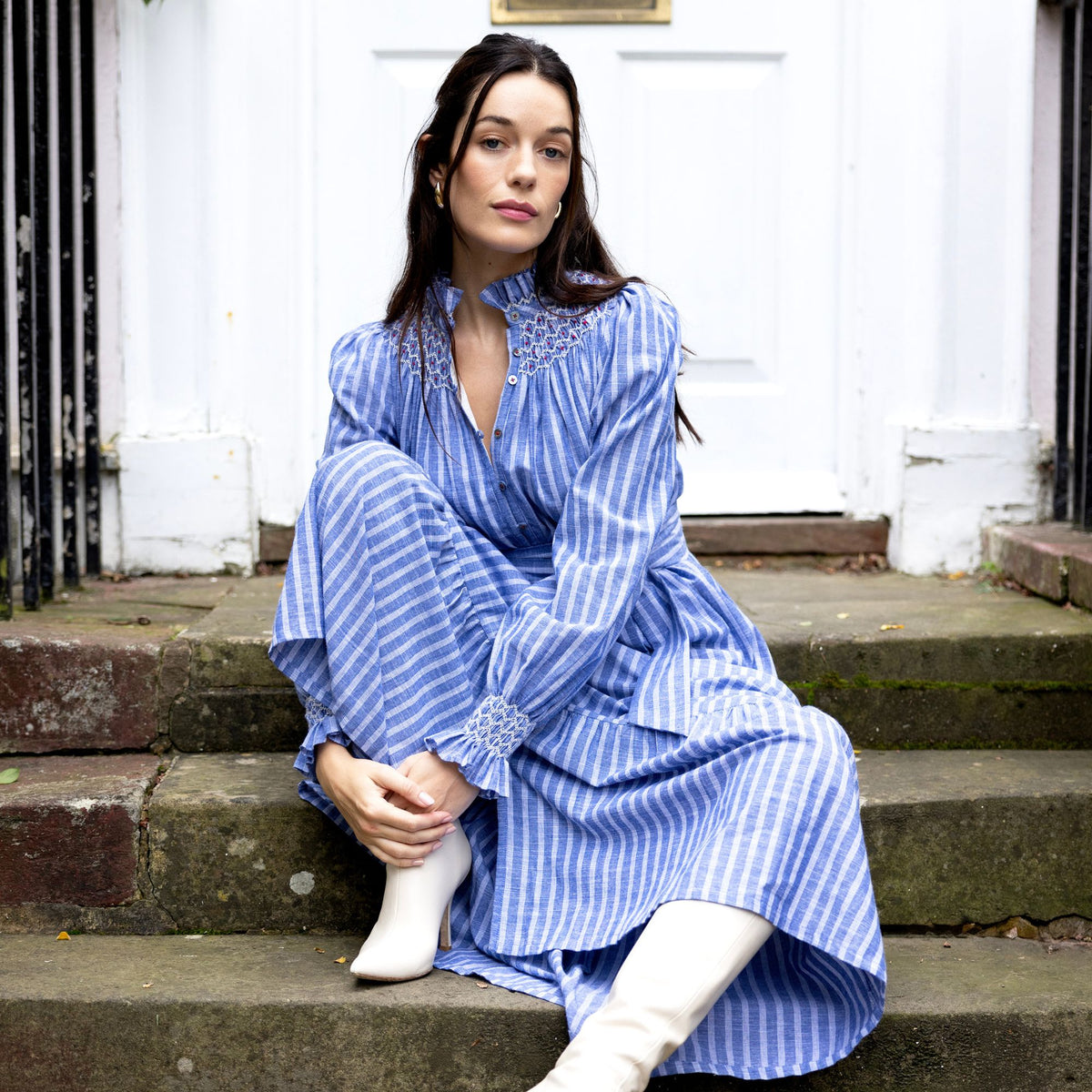 S/M Colette Dress Chambray Stripes with Hot Lips Hand Smocking