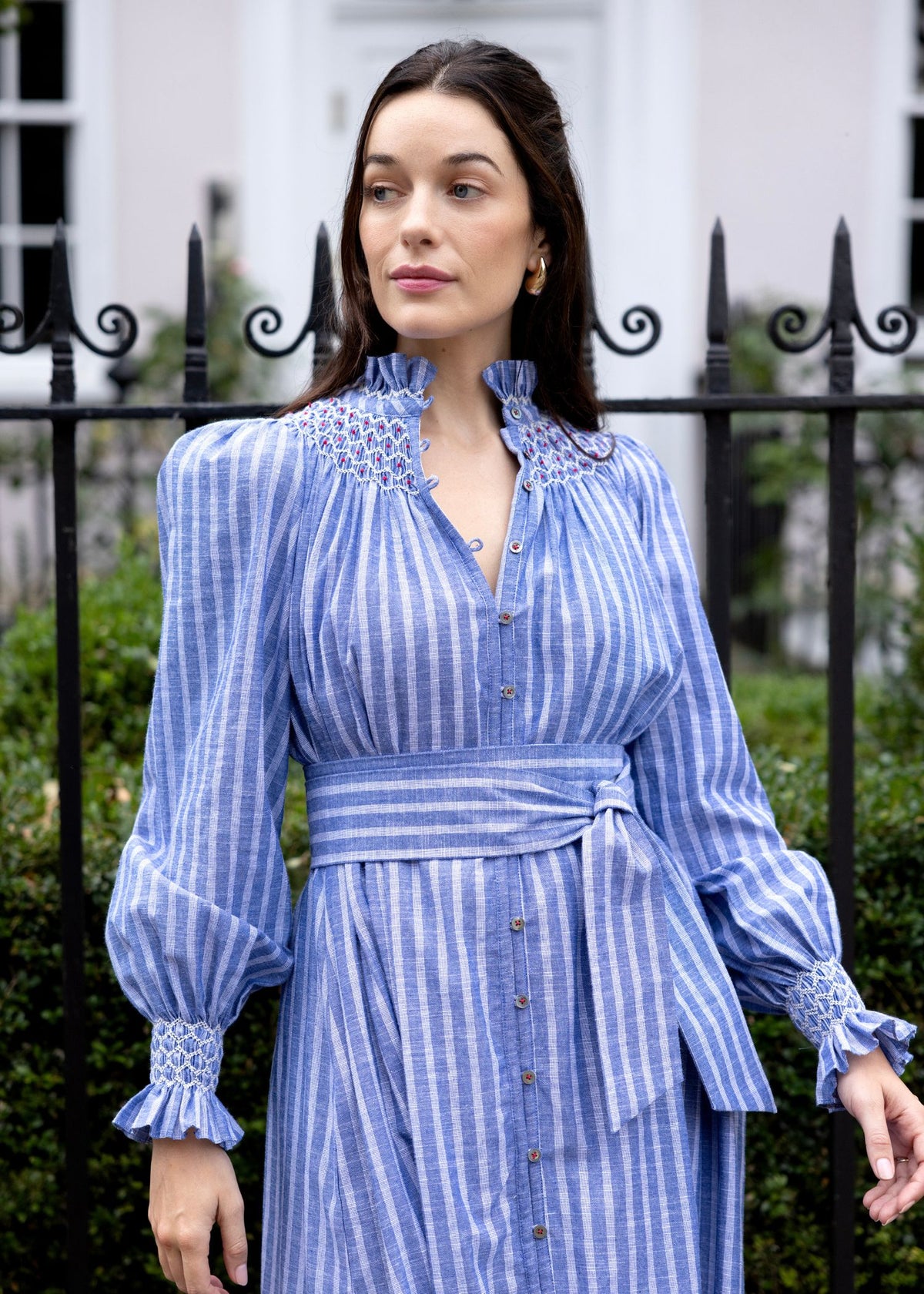 S/M Colette Dress Chambray Stripes with Hot Lips Hand Smocking