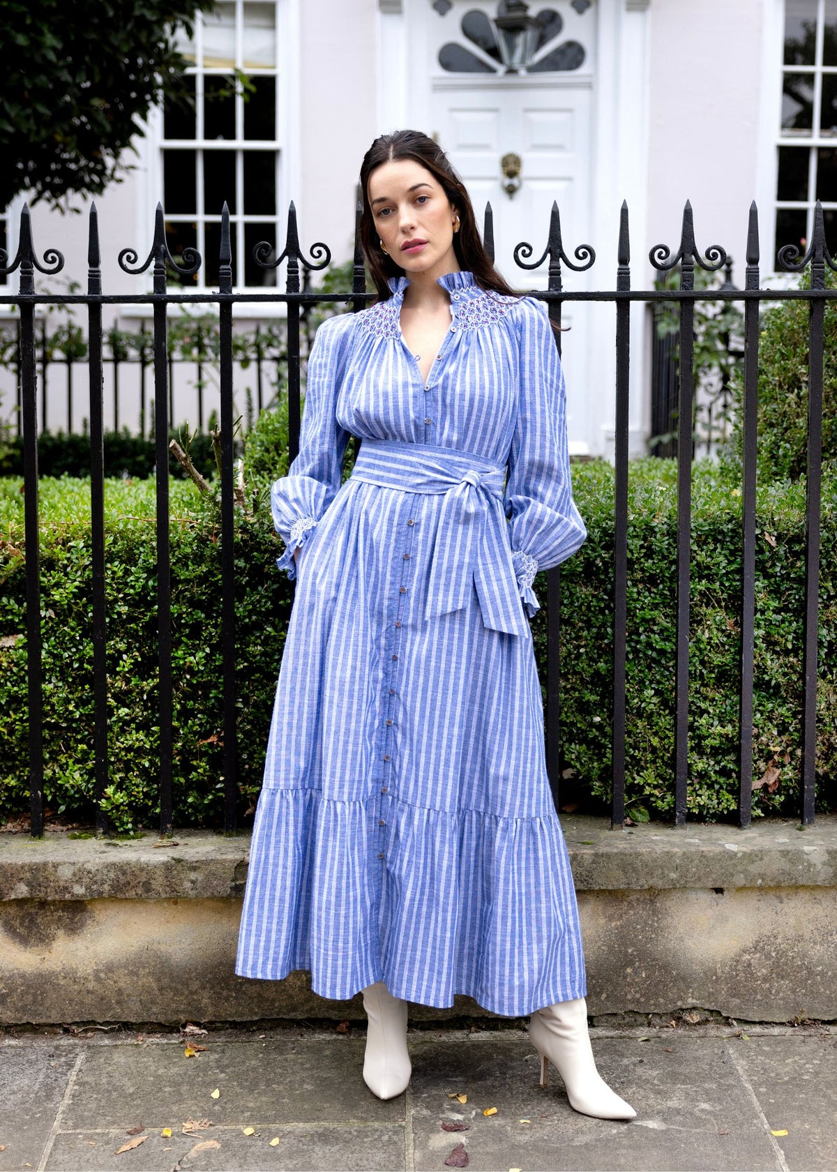 S/M Colette Dress Chambray Stripes with Hot Lips Hand Smocking