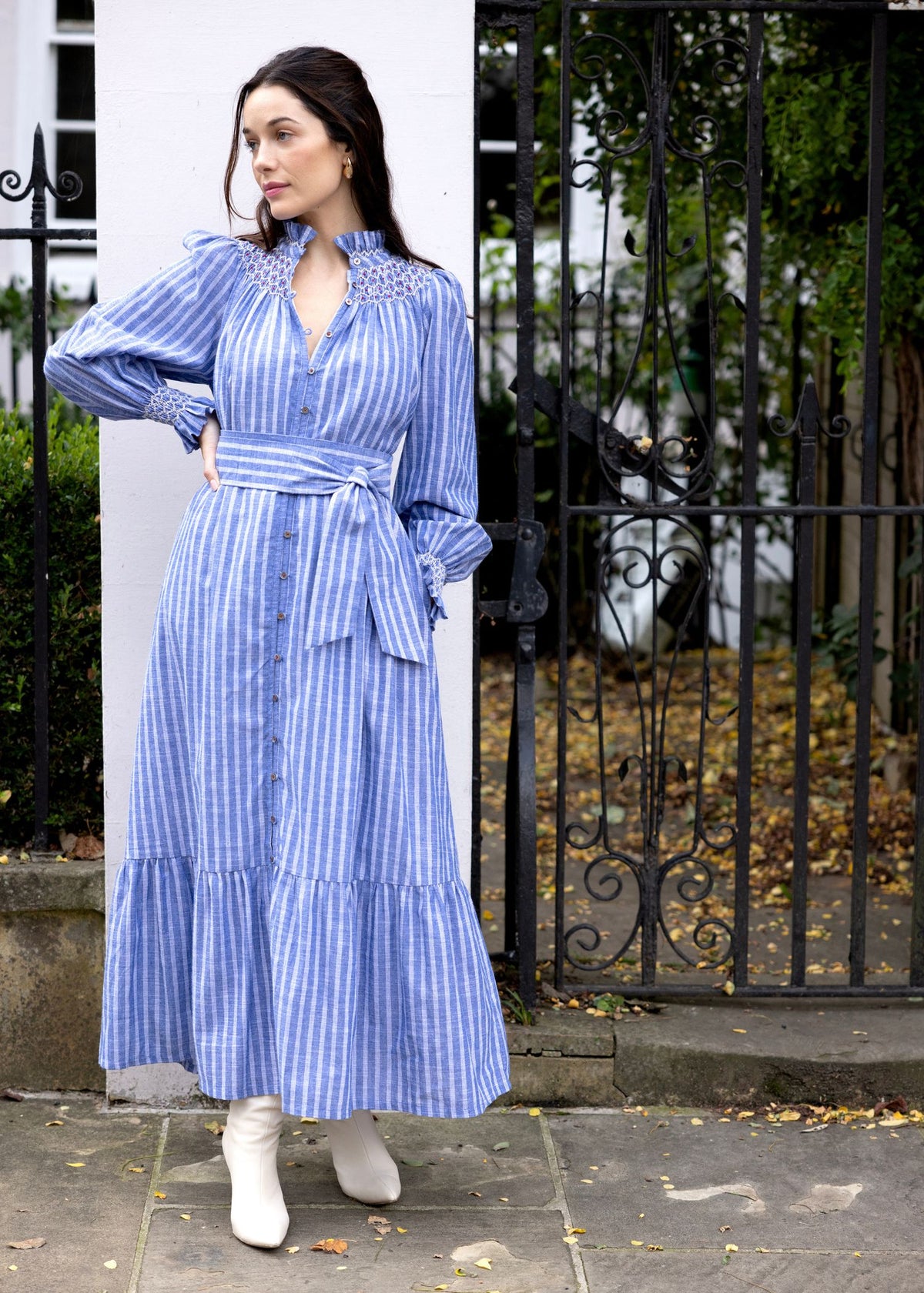 S/M Colette Dress Chambray Stripes with Hot Lips Hand Smocking