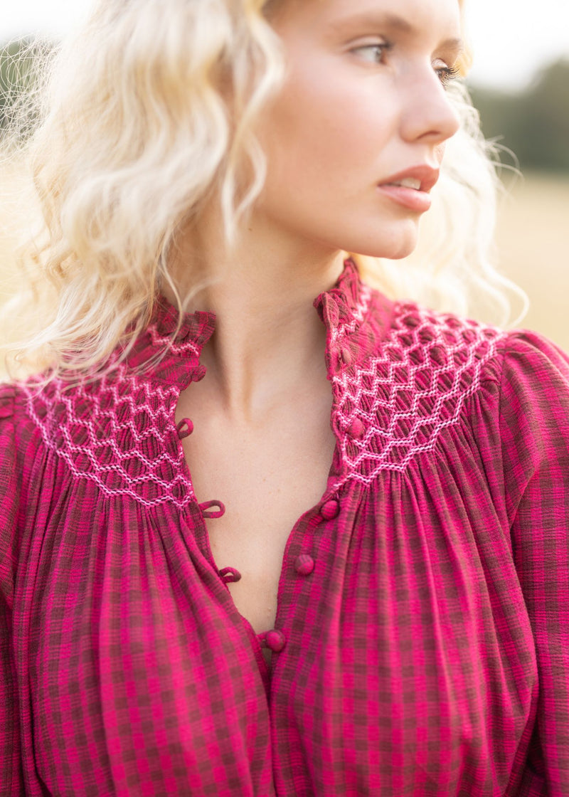 Colette Dress Pomegranate Gingham with Magenta Magic Hand Smocking
