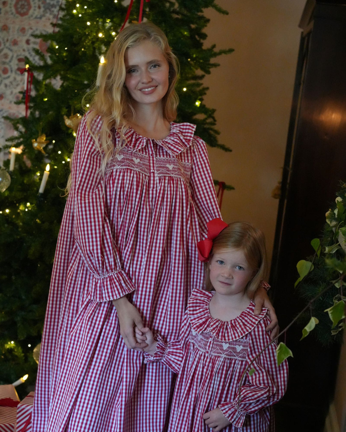 Nightingale Women's Dress Crimson Gingham with Snow Angel Hand Smocking