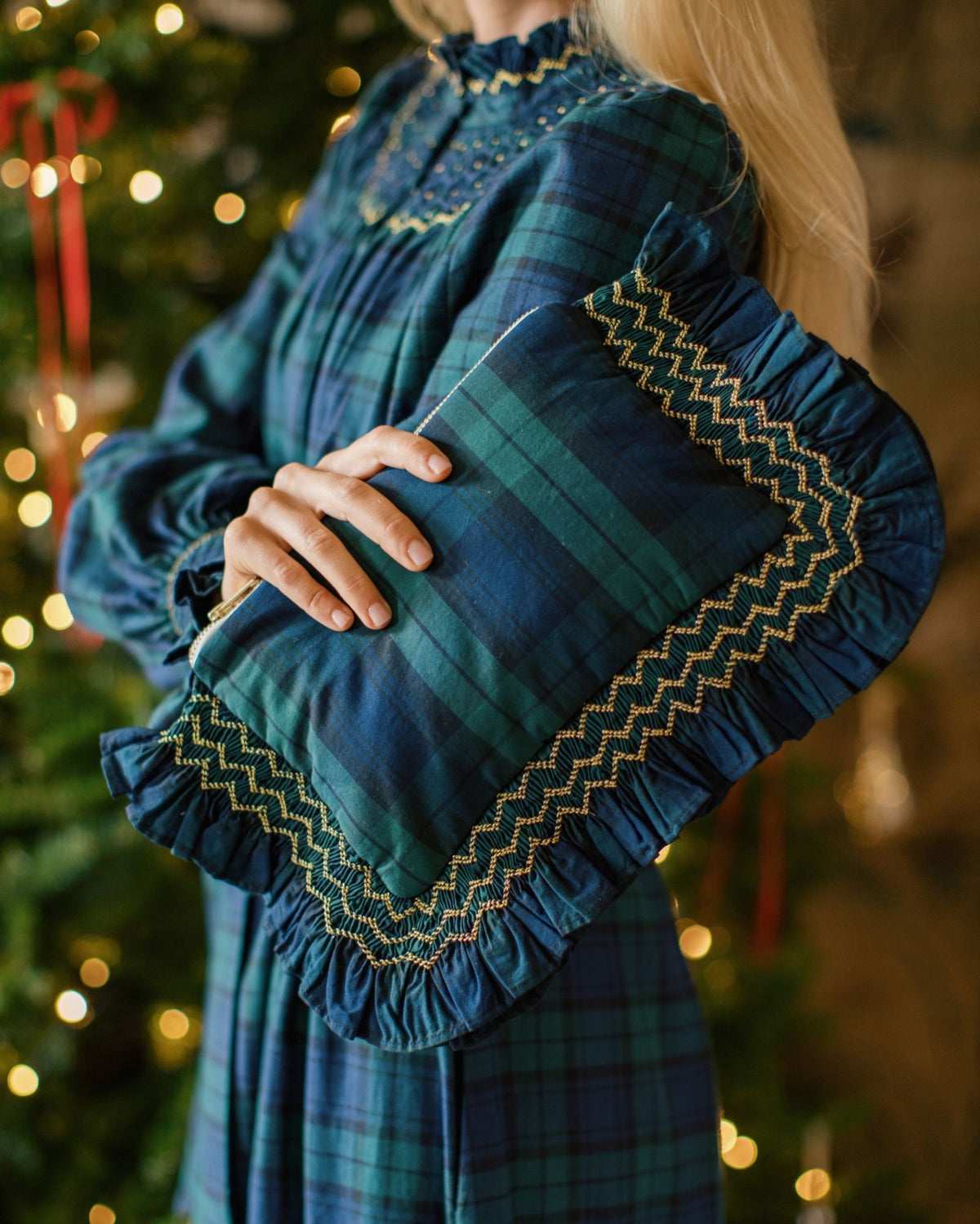 The Dolly Clutch Black Watch Tartan with Midnight Star Hand Smocking