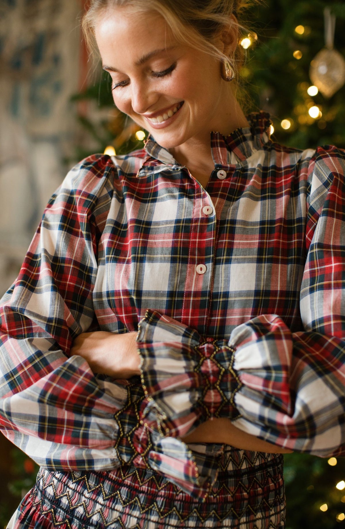Shelley Blouse Royal Tartan with Black Gold Hand Smocking Edition 33