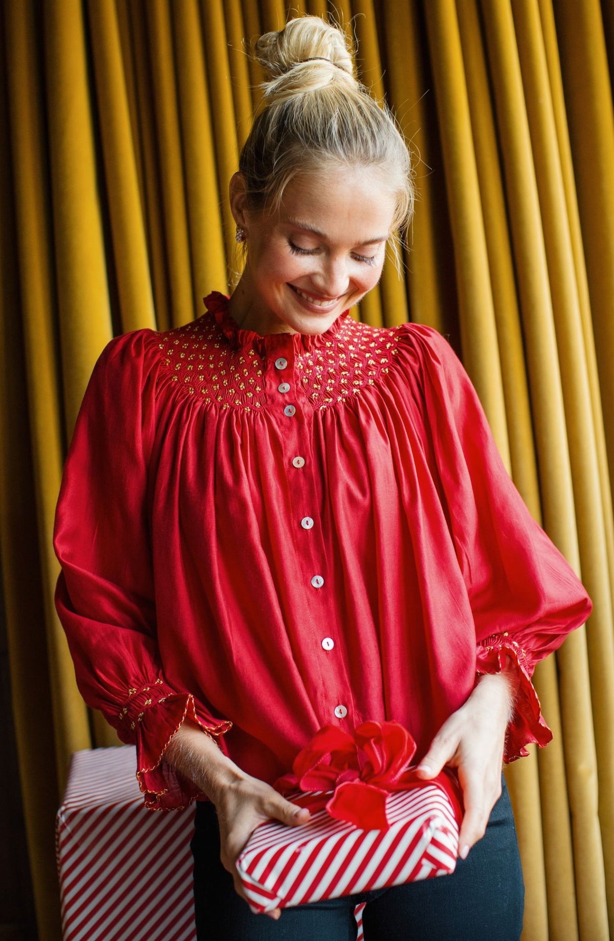 Cleopatra Blouse Red Silk Cotton with Sleigh Bell Hand Smocking Edition 35