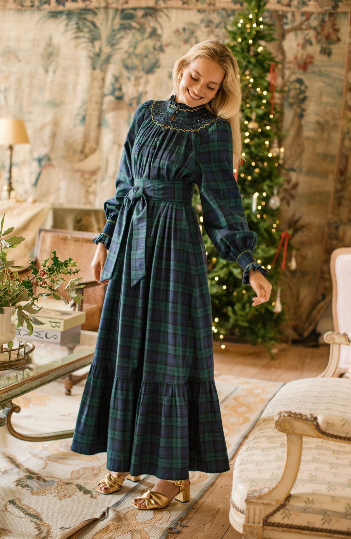 Colette Women's Dress Black Watch Tartan with Royal Blue Hand Smocking