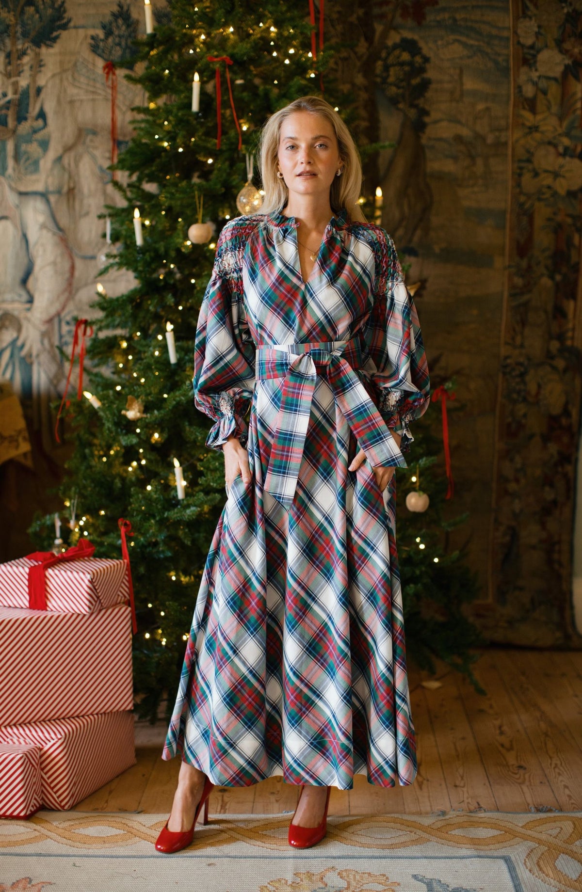 Aloha Wanderwell Dress Macbeth Tartan with Holly Berry Hand Smocking