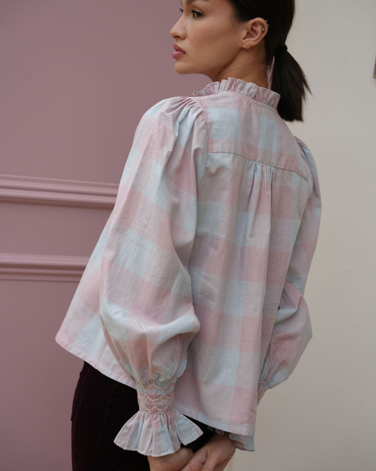 Shelley Blouse Sunset Gingham with Raspberry Ripple Hand Smocking Edition 24