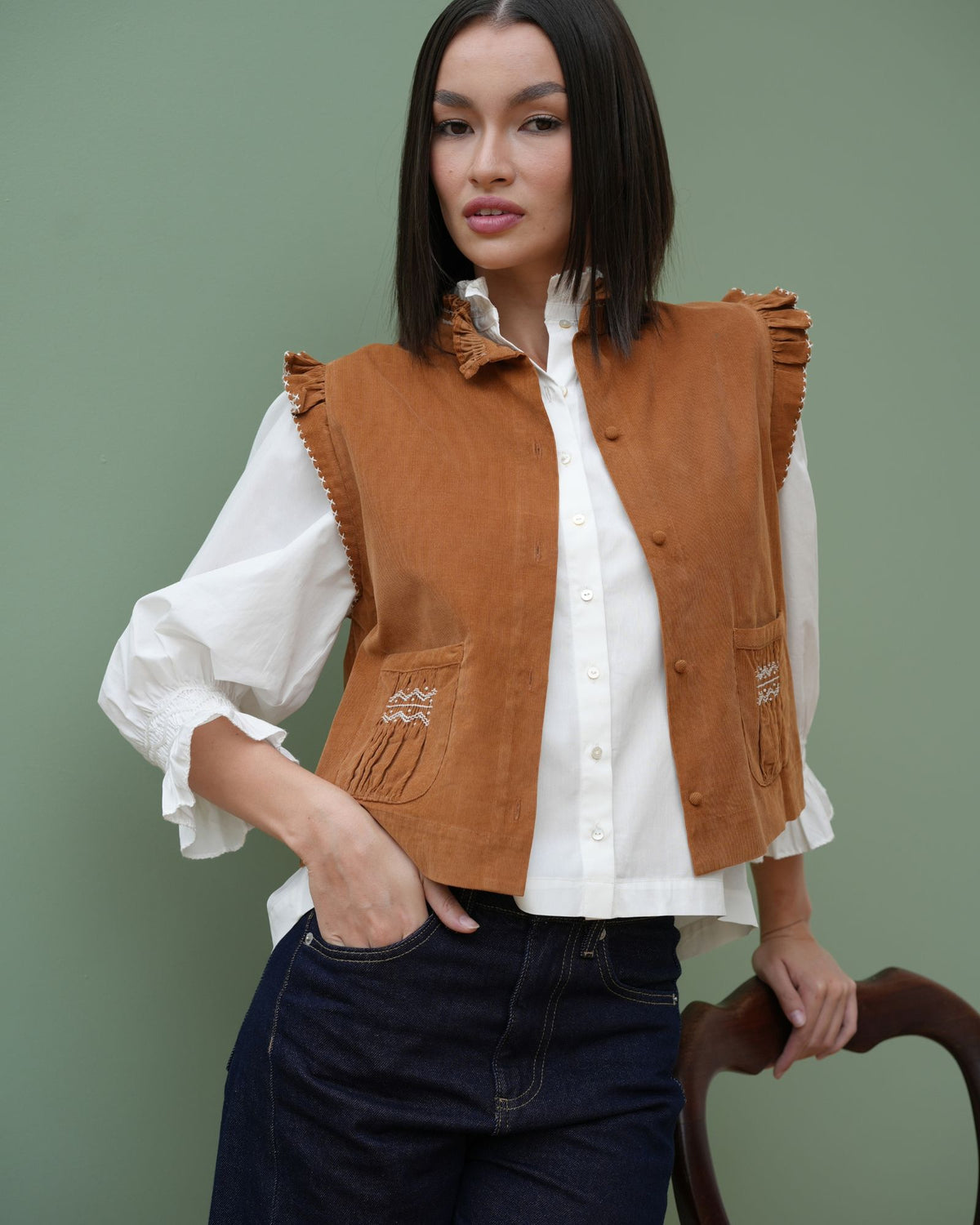C J Walker Waistcoat Butterscotch Needlecord with Spiced Vanilla Hand Smocking Edition 5