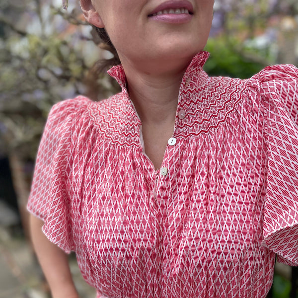 S/M Daily Dress Edit x Smock London Colette Dress Scarlet Trellis with Pearl Queen Hand Smocking