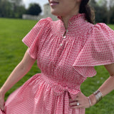 S/M Daily Dress Edit x Smock London Colette Dress Scarlet Trellis with Pearl Queen Hand Smocking