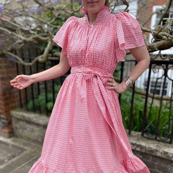 S/M Daily Dress Edit x Smock London Colette Dress Scarlet Trellis with Pearl Queen Hand Smocking