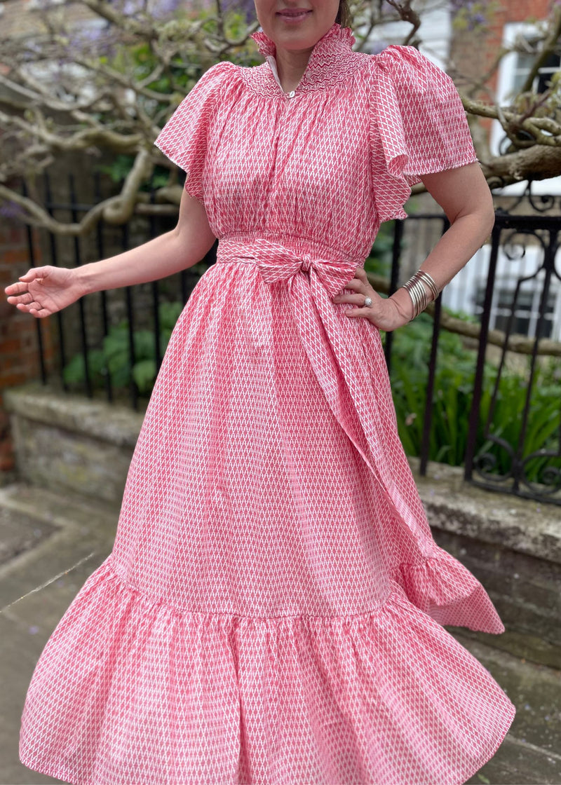 S/M Daily Dress Edit x Smock London Colette Dress Scarlet Trellis with Pearl Queen Hand Smocking