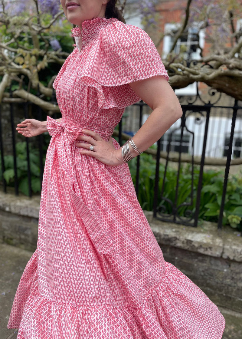S/M Daily Dress Edit x Smock London Colette Dress Scarlet Trellis with Pearl Queen Hand Smocking