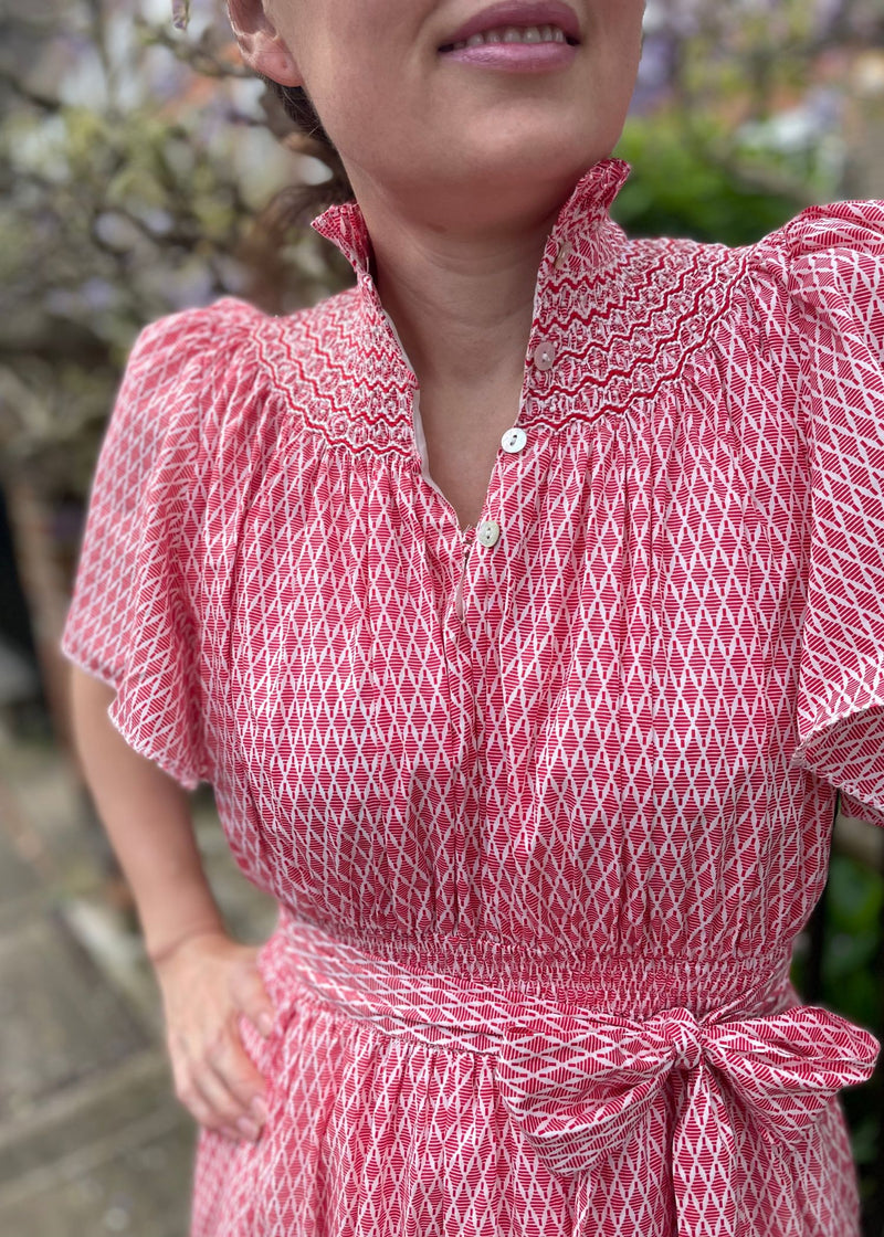 S/M Daily Dress Edit x Smock London Colette Dress Scarlet Trellis with Pearl Queen Hand Smocking