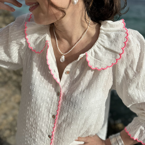 De Beauvoir Blouse Barley Twist White Cotton with Barbilicious Embroidery