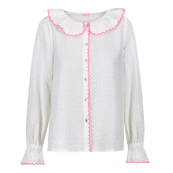 De Beauvoir Blouse Barley Twist White Cotton with Barbilicious Embroidery