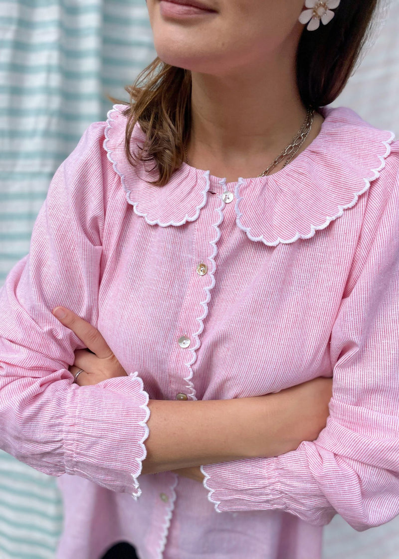 De Beauvoir Blouse Cream Tea Stripe with Existential Scallop Embroidery
